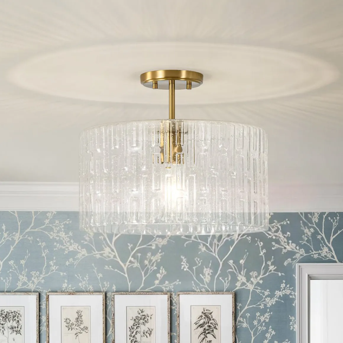 1-Light Clear Striped Glass Drum Semi Flush / Round Cage Pendant