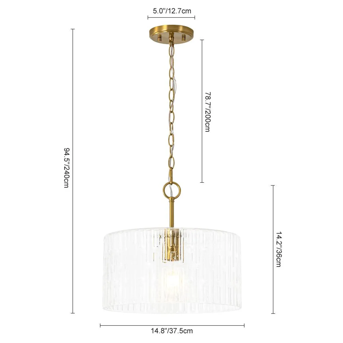 1-Light Clear Striped Glass Drum Semi Flush / Round Cage Pendant