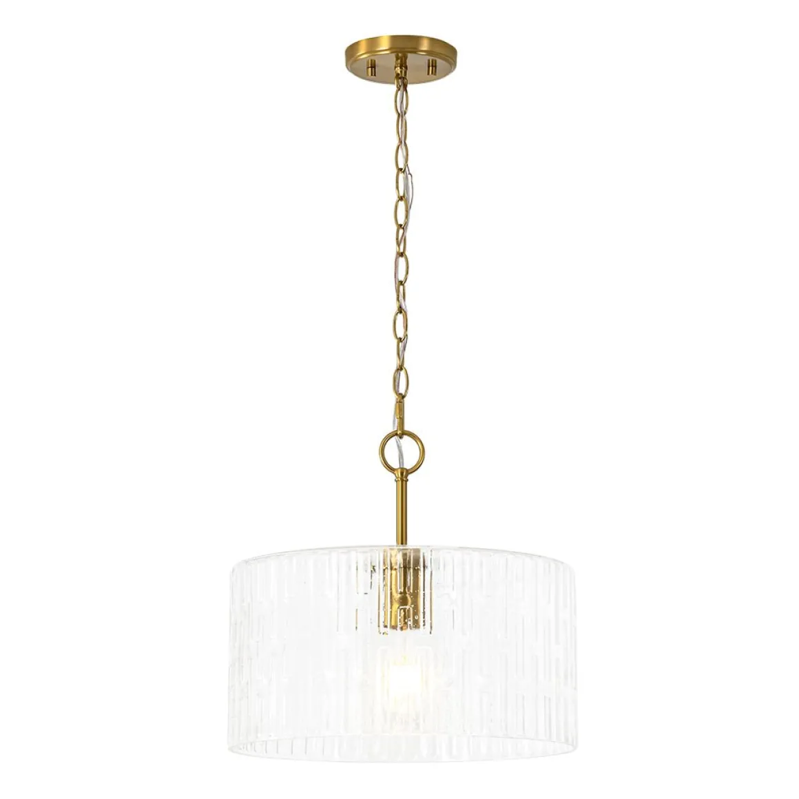 1-Light Clear Striped Glass Drum Semi Flush / Round Cage Pendant