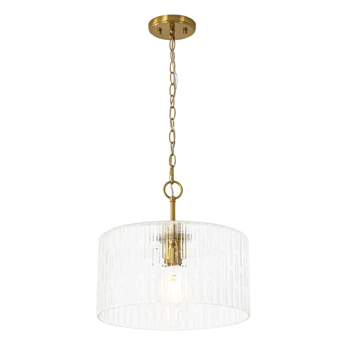 1-Light Clear Striped Glass Drum Semi Flush / Round Cage Pendant