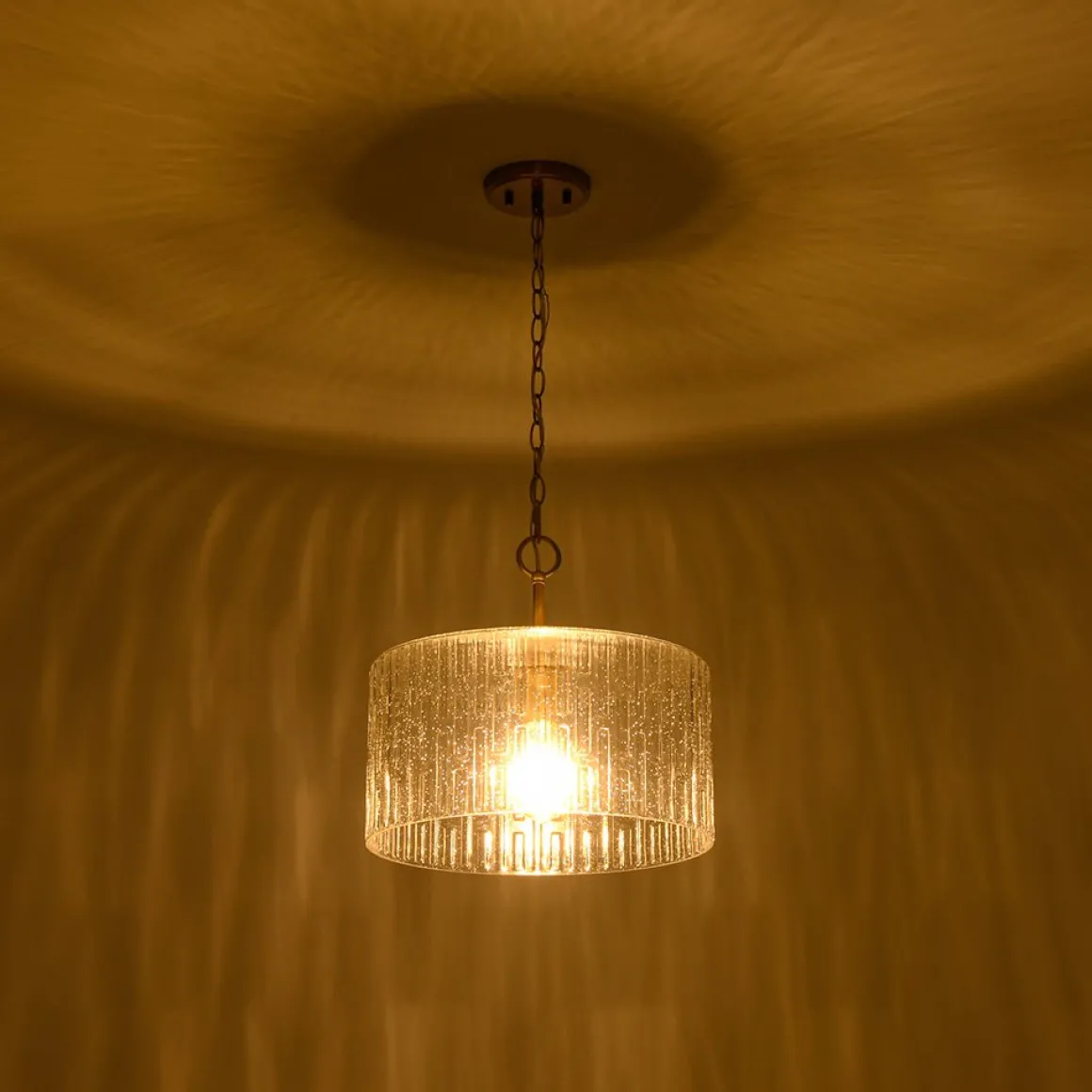 1-Light Clear Striped Glass Drum Semi Flush / Round Cage Pendant