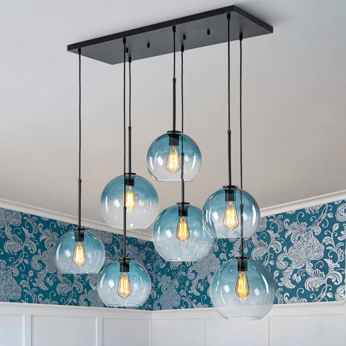 7-Light Cluster Blue Glass Globe Bubble Island Pendant