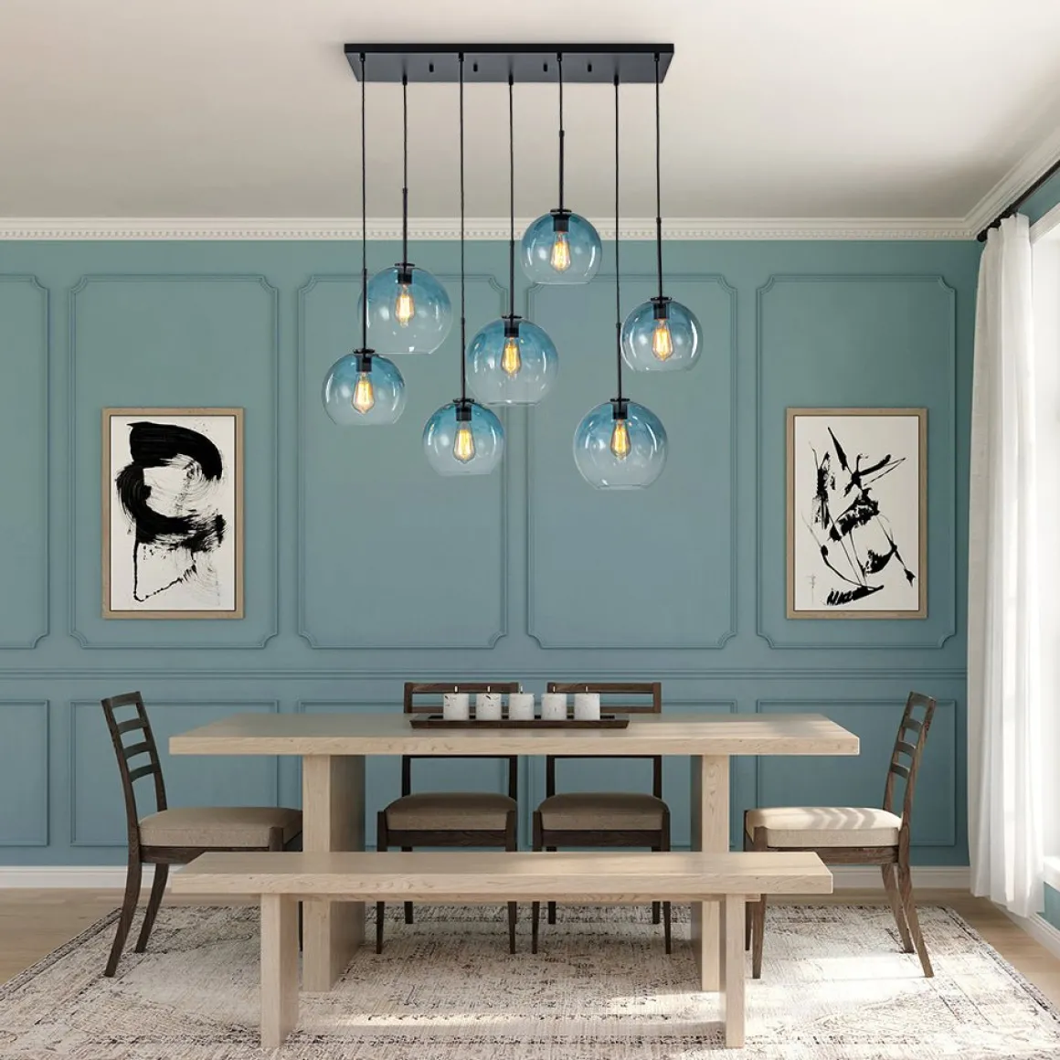 7-Light Cluster Blue Glass Globe Bubble Island Pendant