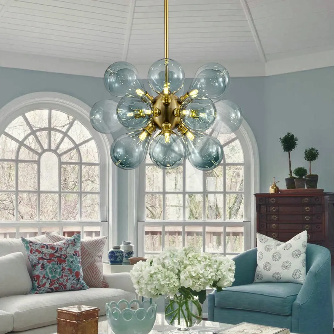 18-Light Cluster Gradual Blue Glass Globe Bubble Chandelier