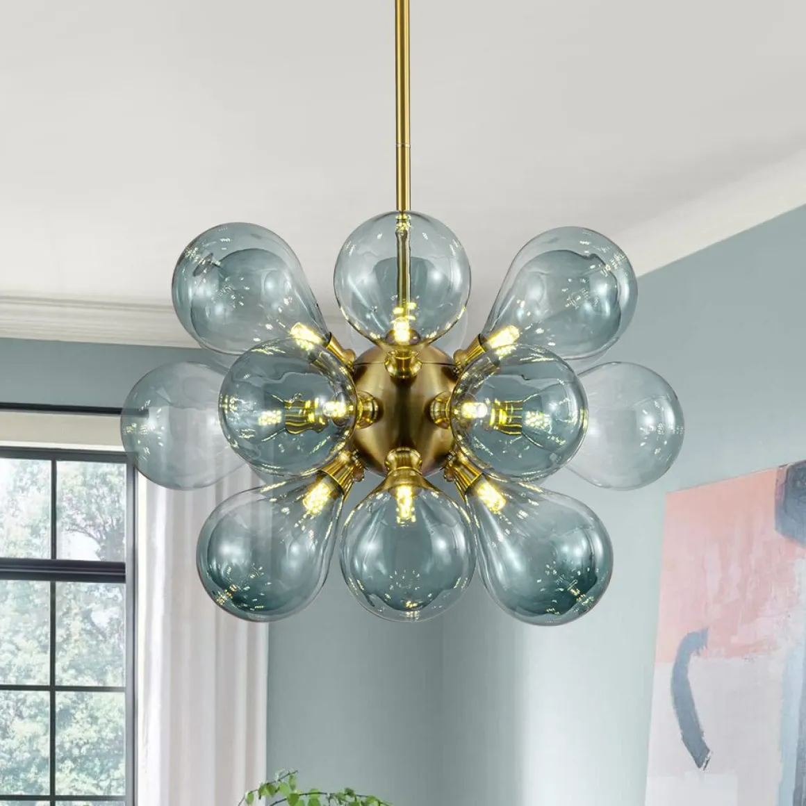 18-Light Cluster Gradual Blue Glass Globe Bubble Chandelier