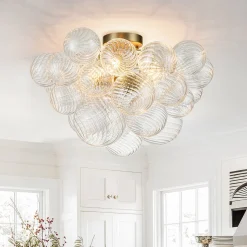 3-Light Cluster Ribbed Glass Bubble Semi Flush Chandelier