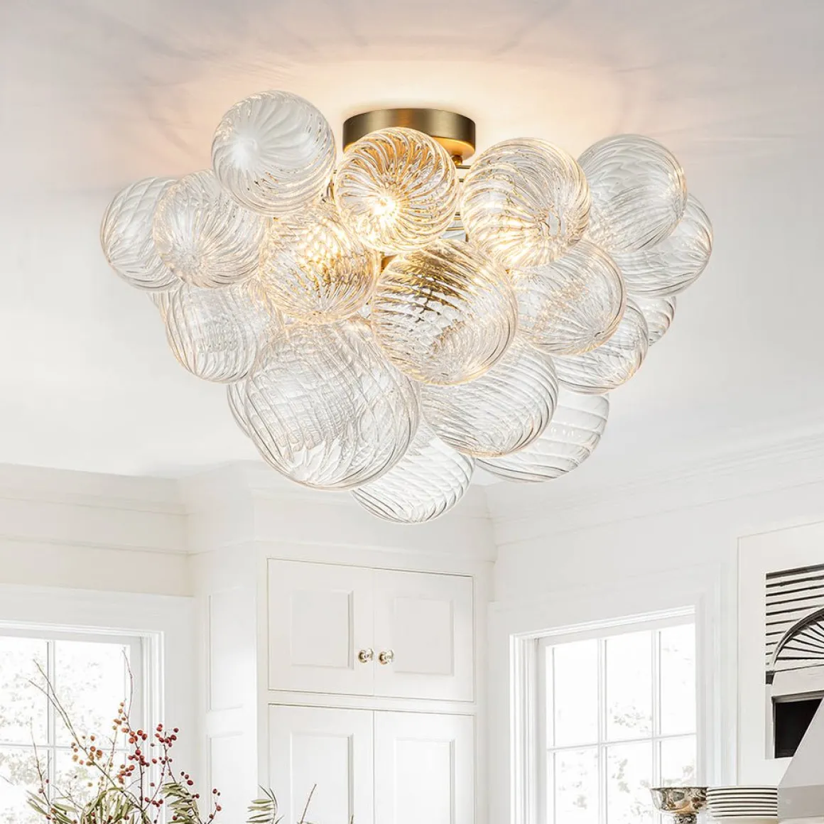 3-Light Cluster Ribbed Glass Bubble Semi Flush Chandelier