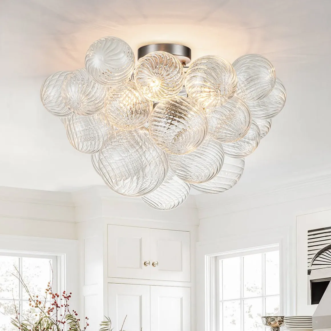 3-Light Cluster Ribbed Glass Bubble Semi Flush Chandelier