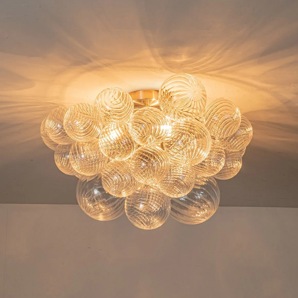 3-Light Cluster Ribbed Glass Bubble Semi Flush Chandelier