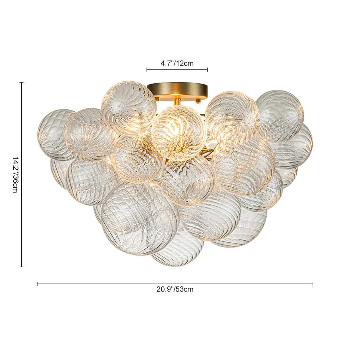3-Light Cluster Ribbed Glass Bubble Semi Flush Chandelier