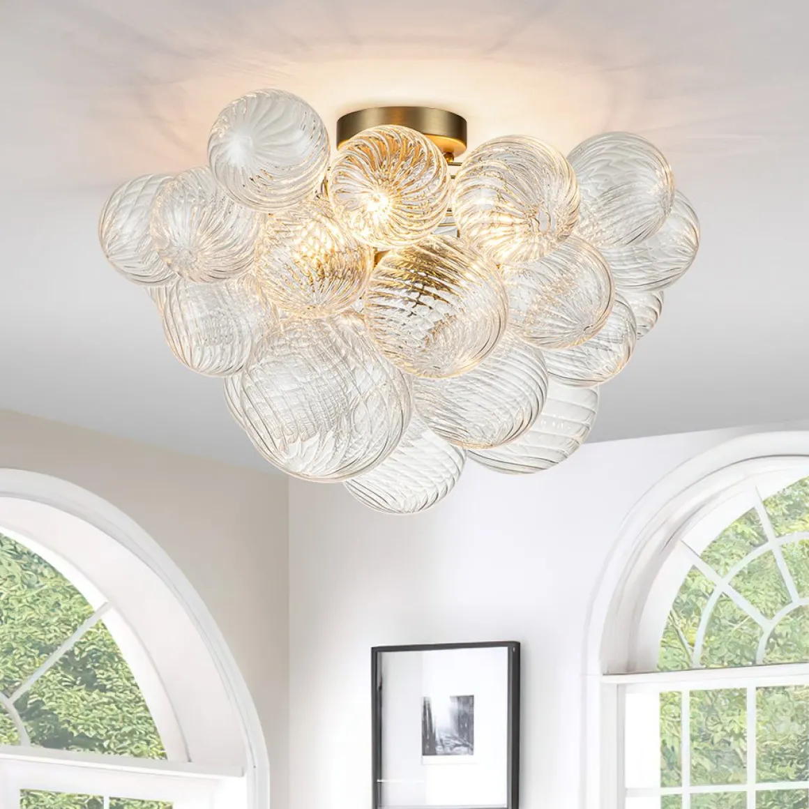 3-Light Cluster Ribbed Glass Bubble Semi Flush Chandelier