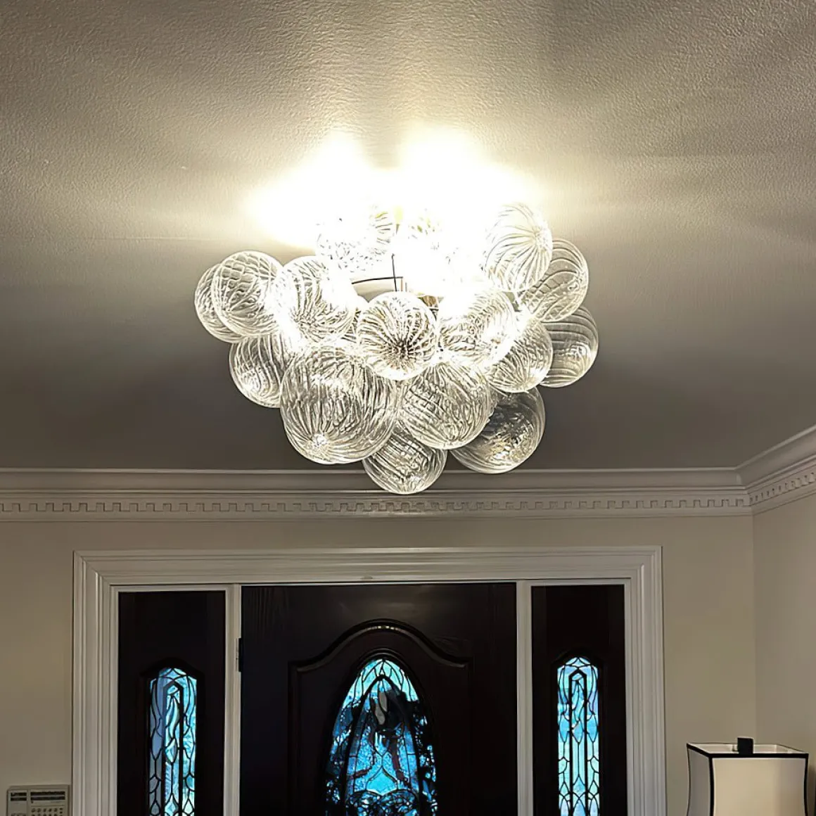 3-Light Cluster Ribbed Glass Bubble Semi Flush Chandelier