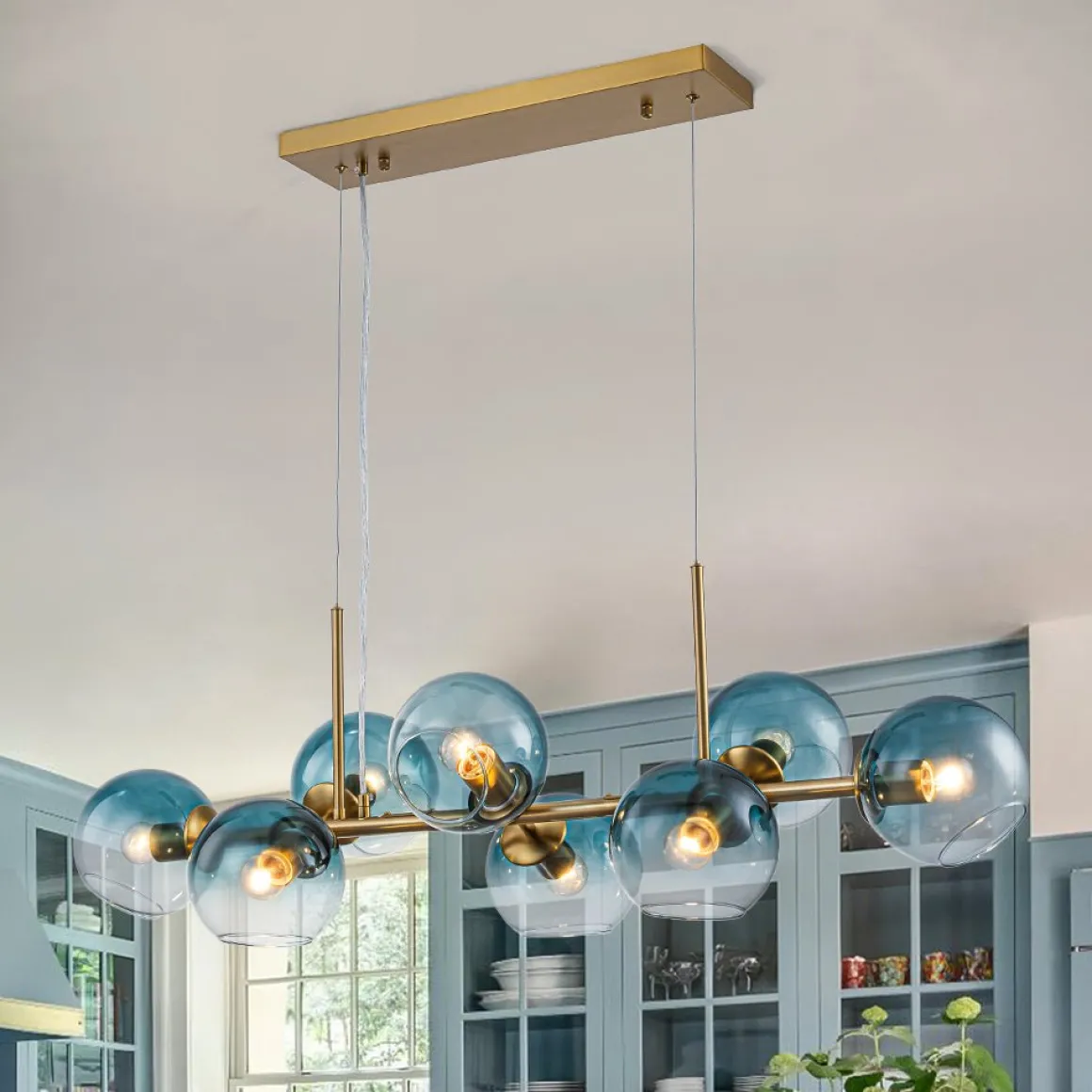 8-Light Color Tinted Glass Globe Bubble Linear Island Chandelier