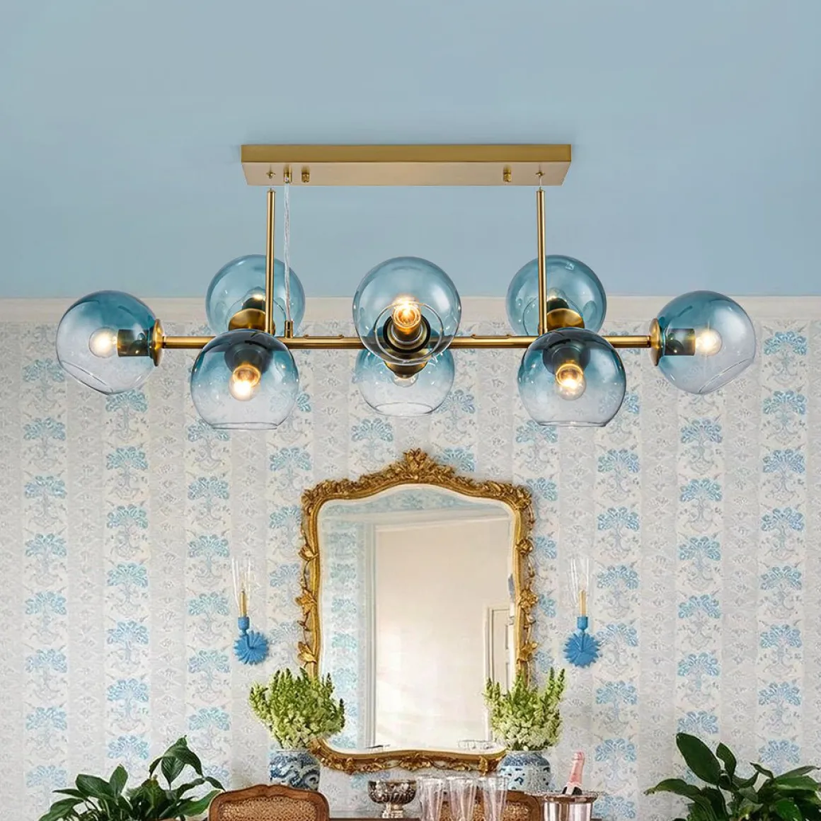 8-Light Color Tinted Glass Globe Bubble Linear Island Chandelier