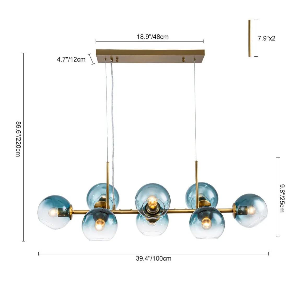 8-Light Color Tinted Glass Globe Bubble Linear Island Chandelier