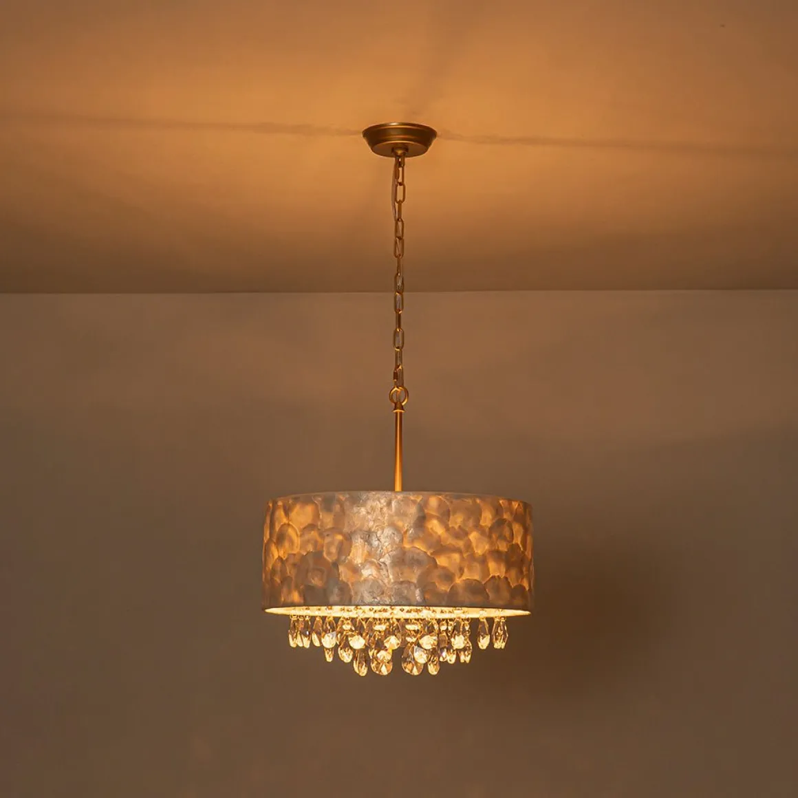 4-Light Crystal Accented Capiz Shell Drum Lantern Pendant