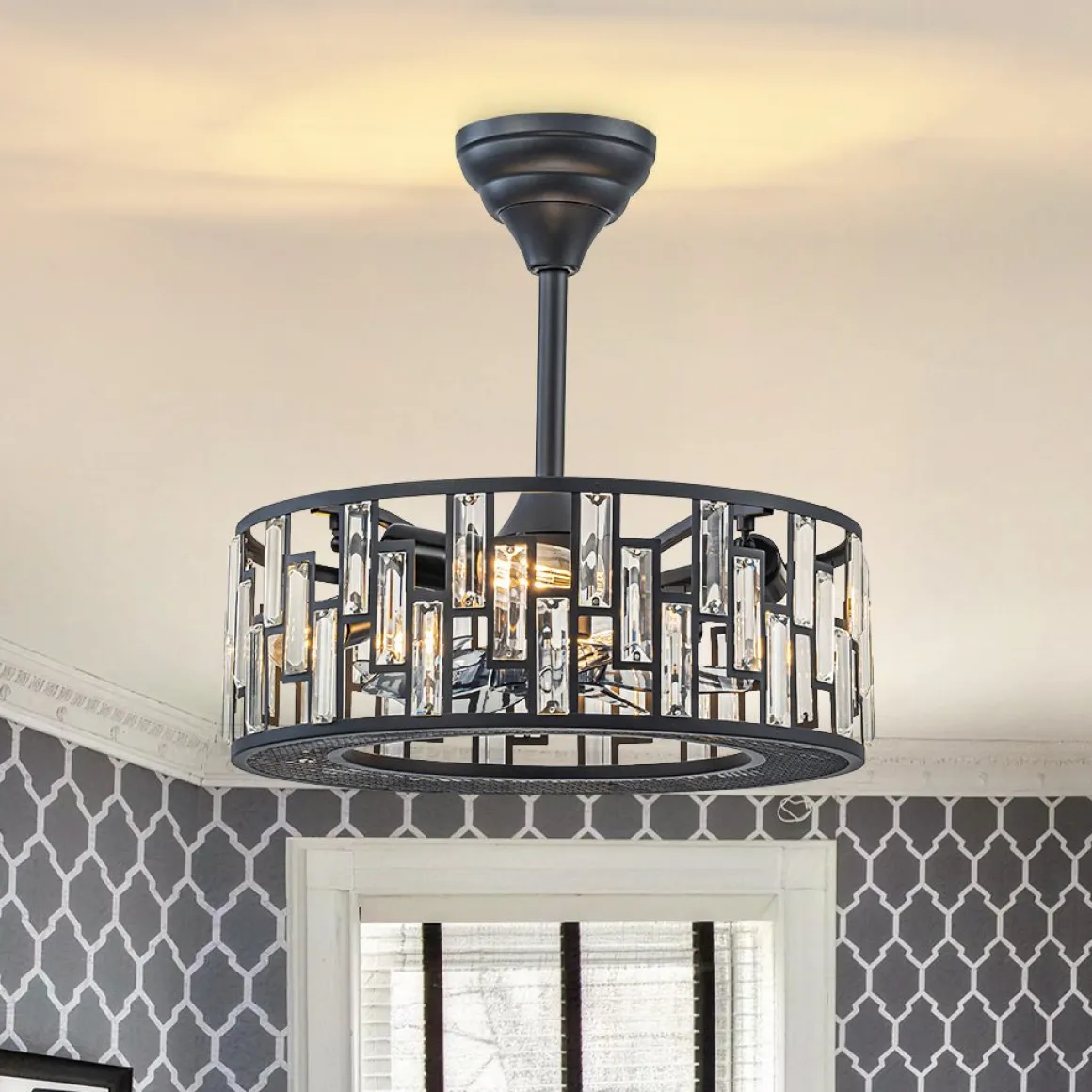 4-Light Crystal Accented Drum Cage Ceiling Fan Light
