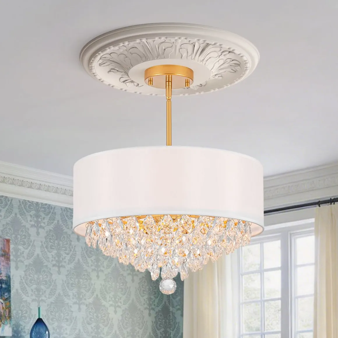 4-Light Crystal Accented White Fabric Drum Cage Chandelier