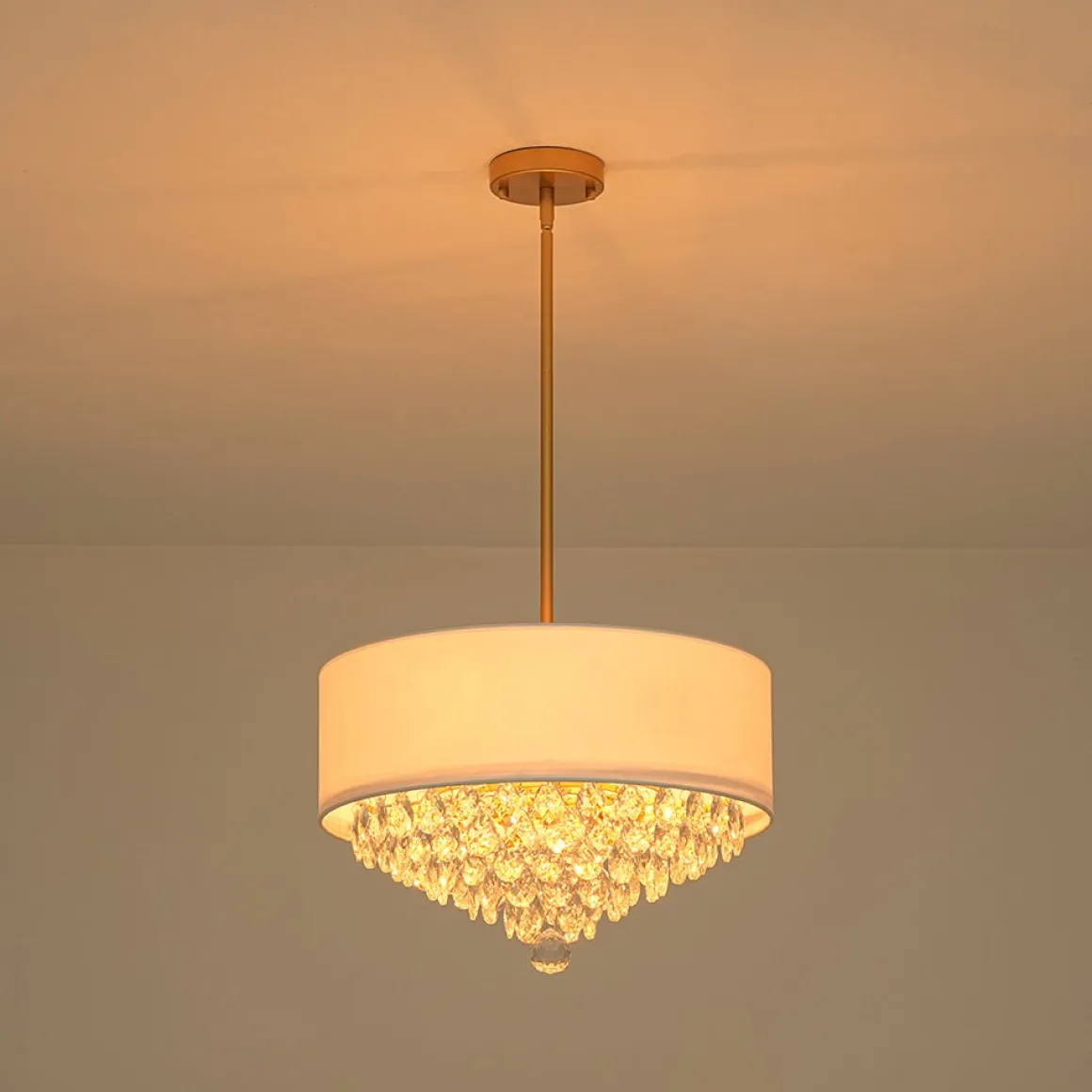 4-Light Crystal Accented White Fabric Drum Cage Chandelier