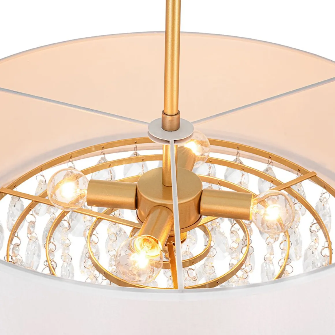 4-Light Crystal Accented White Fabric Drum Cage Chandelier