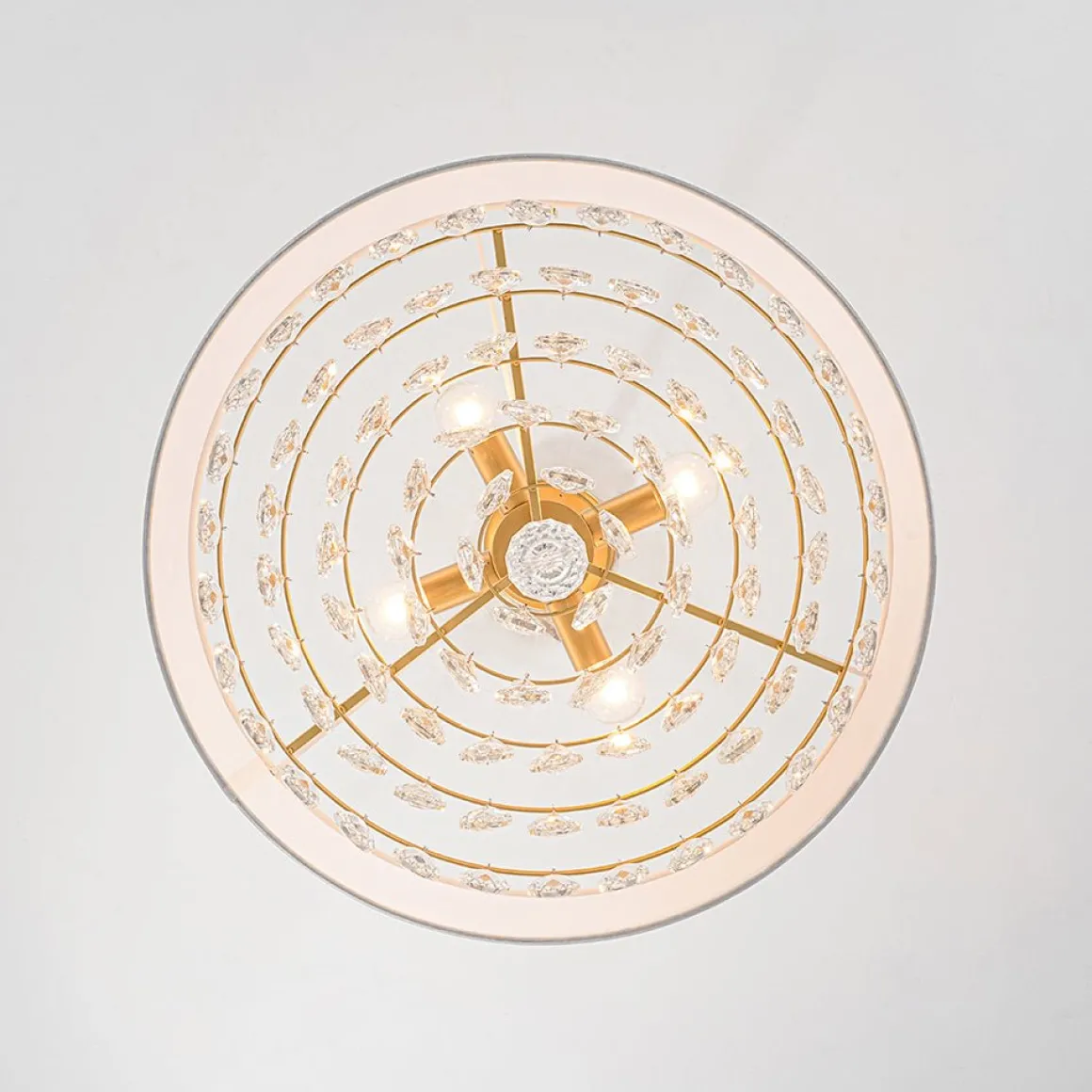 4-Light Crystal Accented White Fabric Drum Cage Chandelier