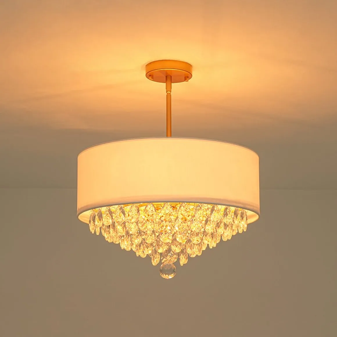 4-Light Crystal Accented White Fabric Drum Cage Chandelier