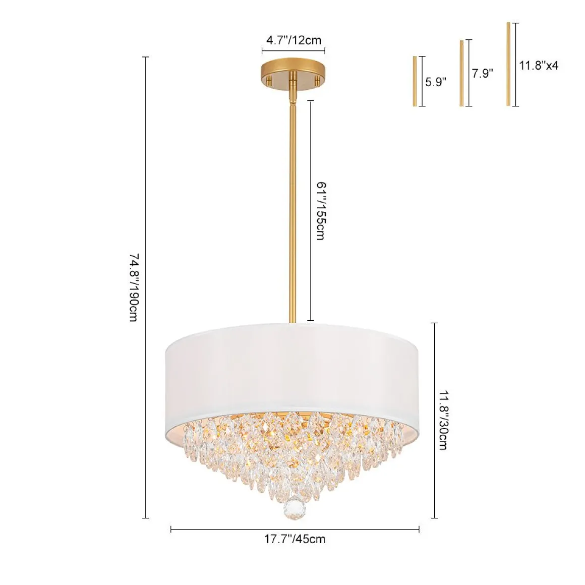 4-Light Crystal Accented White Fabric Drum Cage Chandelier