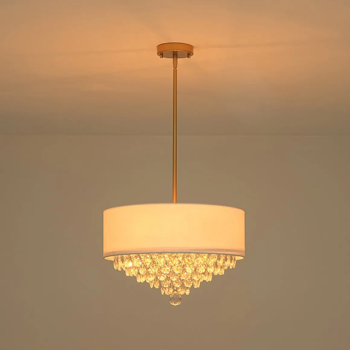 4-Light Crystal Accented White Fabric Drum Cage Chandelier