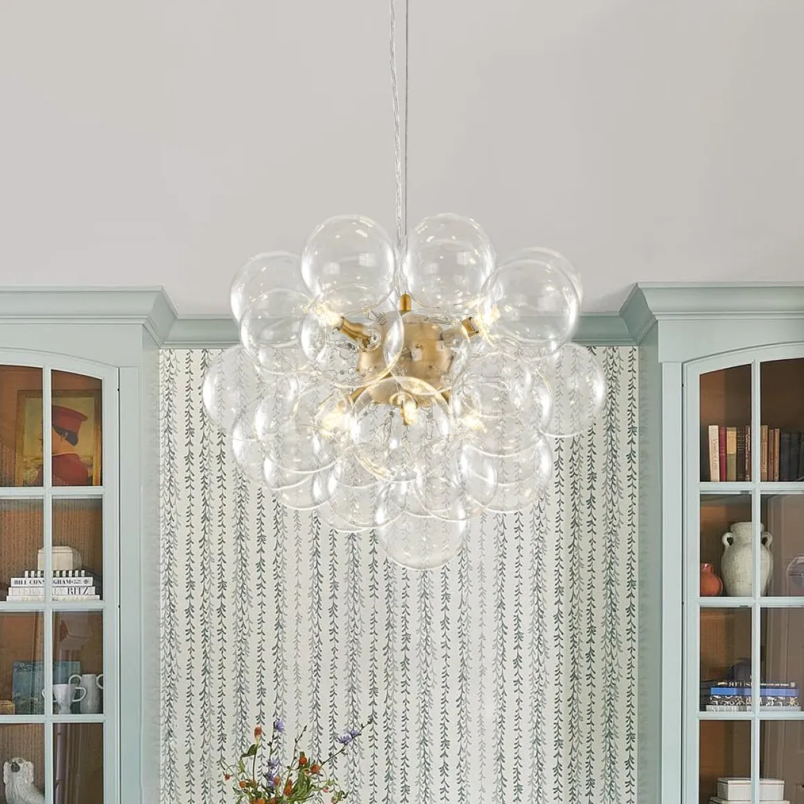 6-Light Dimmable Brass Cluster Clear Glass Bubble Sphere Chandelier