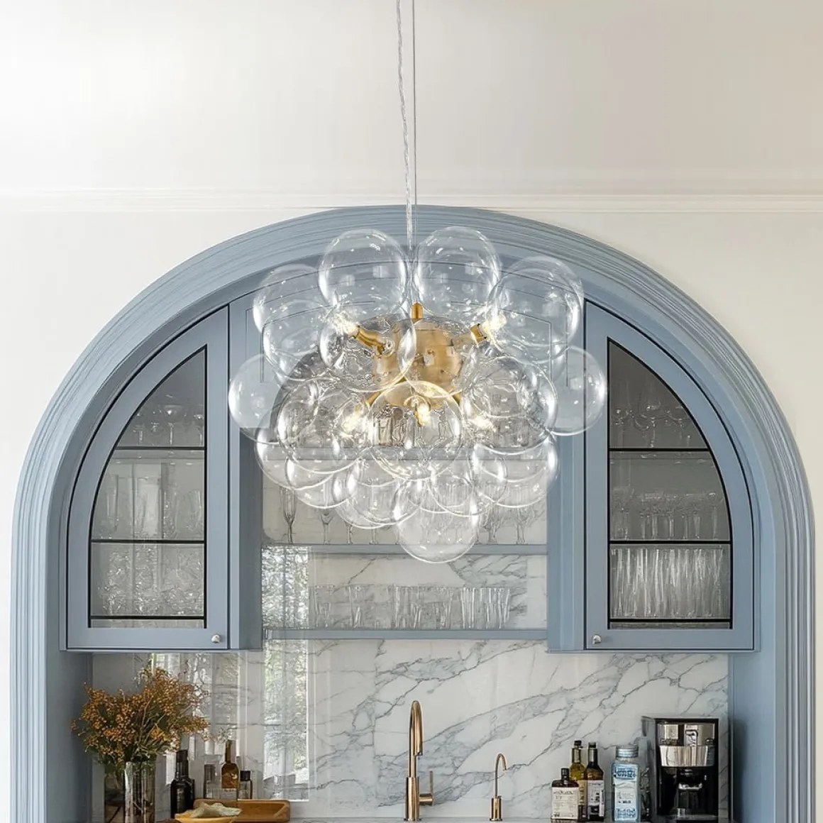 6-Light Dimmable Brass Cluster Clear Glass Bubble Sphere Chandelier