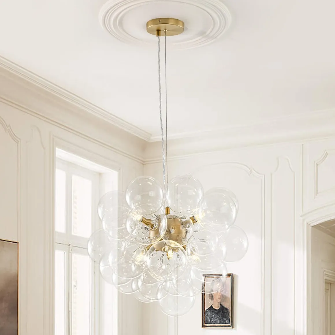 6-Light Dimmable Brass Cluster Clear Glass Bubble Sphere Chandelier