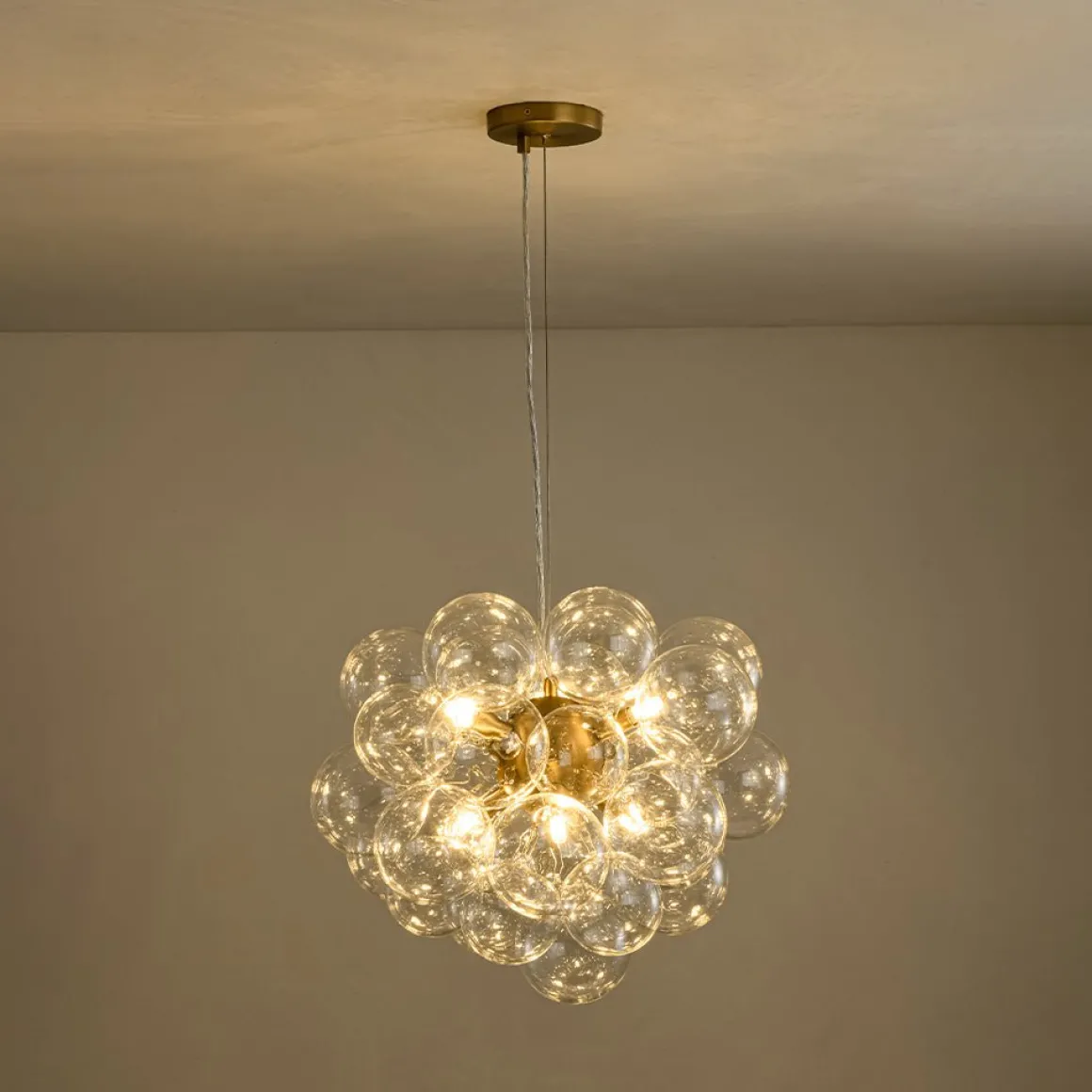 6-Light Dimmable Brass Cluster Clear Glass Bubble Sphere Chandelier