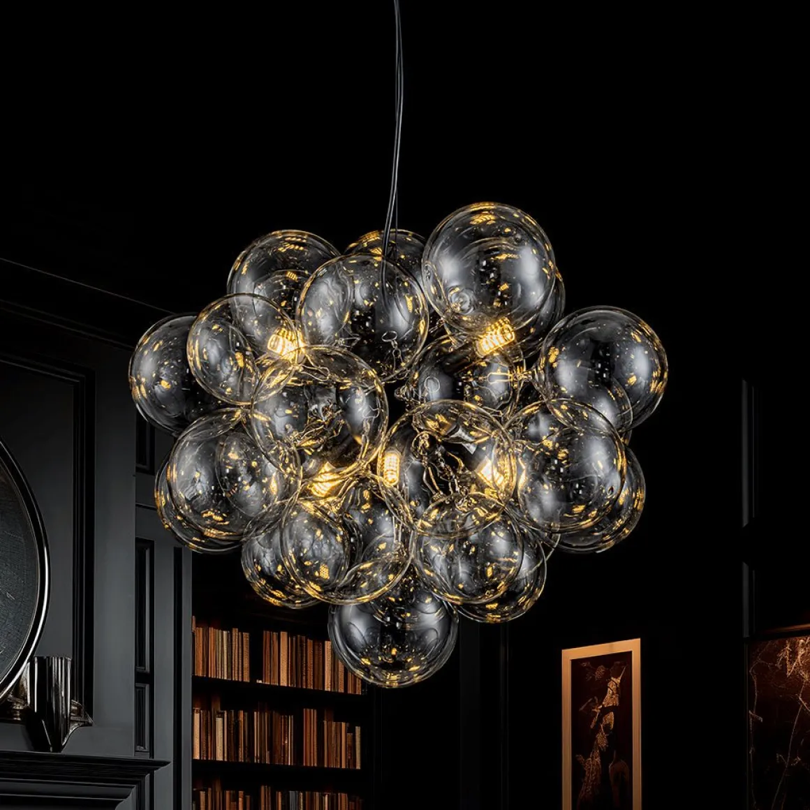 6-Light Dimmable Brass Cluster Clear Glass Bubble Sphere Chandelier