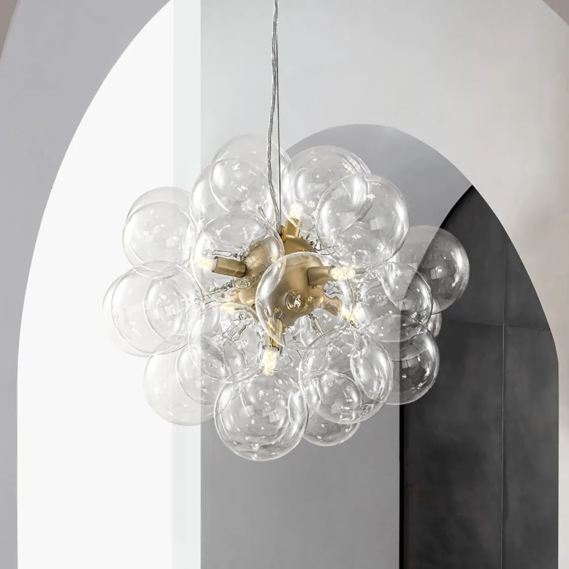 6-Light Dimmable Brass Cluster Clear Glass Bubble Sphere Chandelier