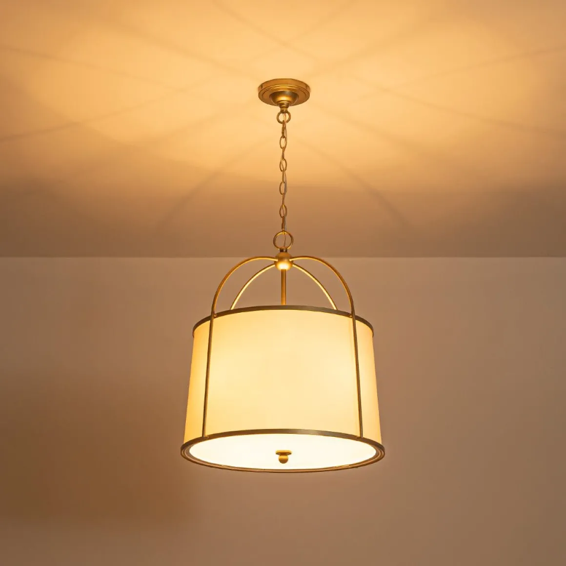 4-Light Distressed Gold White Linen Drum Lantern Pendant