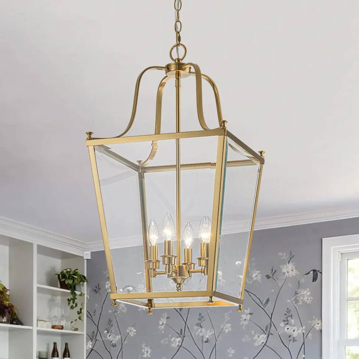 4-Light French Candle Style Wide Square Glass Lantern Pendant
