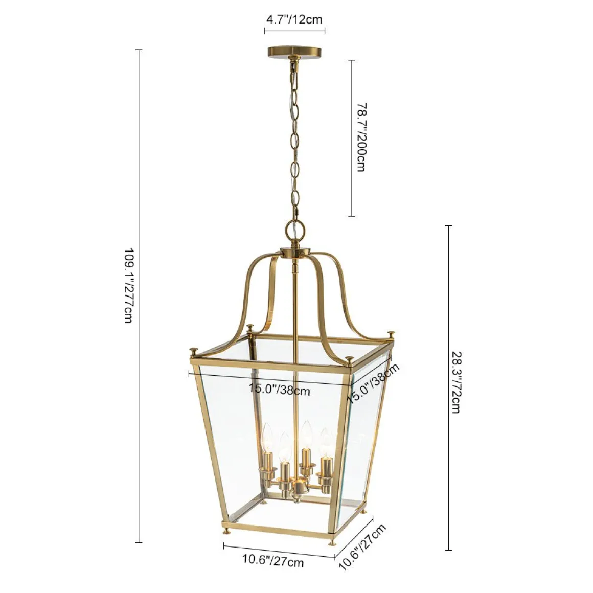 4-Light French Candle Style Wide Square Glass Lantern Pendant
