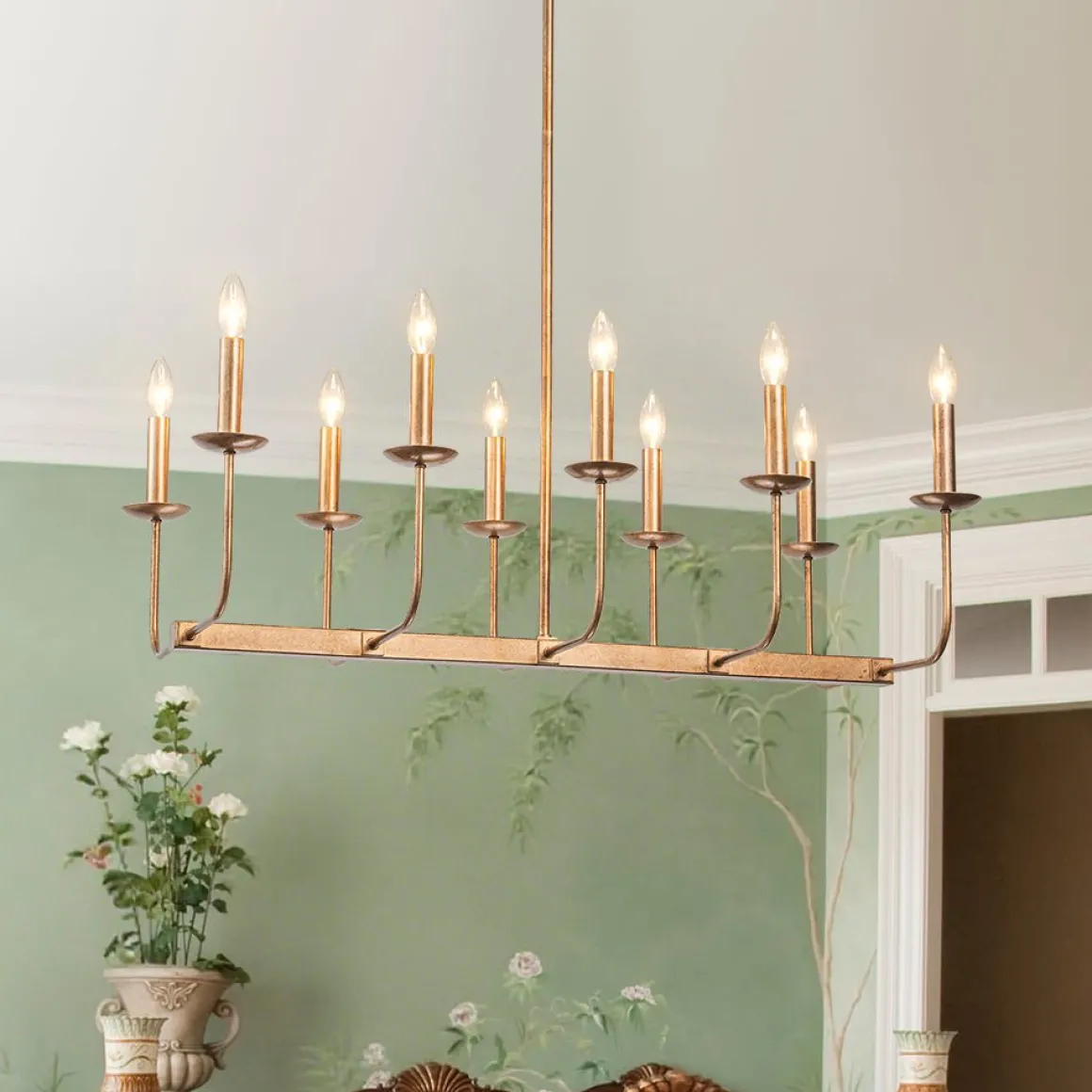 10-Light French Vintage Candle Style Linear Island Chandelier