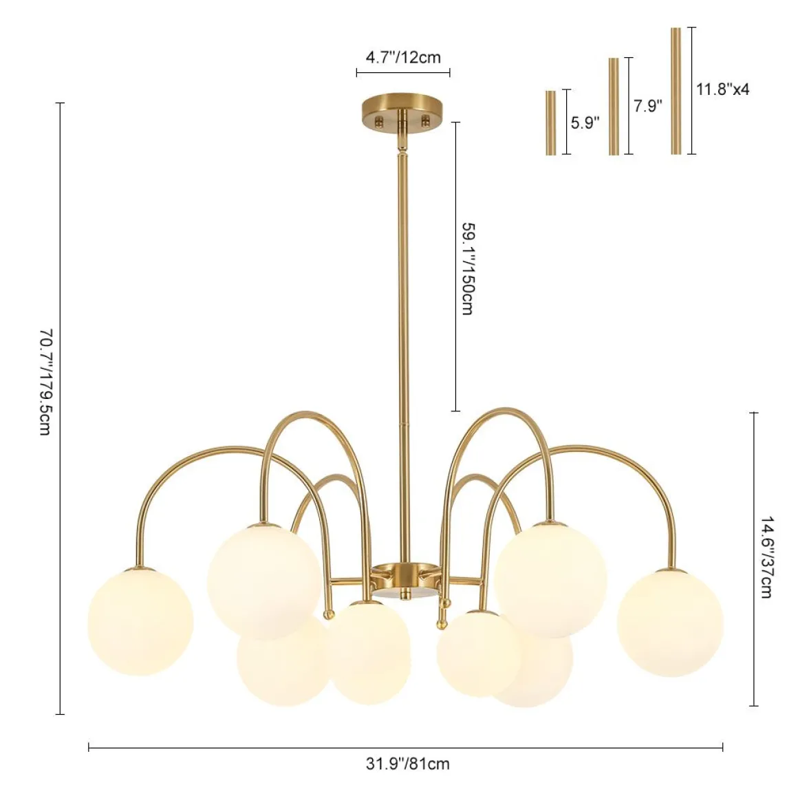 9-Light Goose Arm Opal Glass Bubble Tiered Chandelier