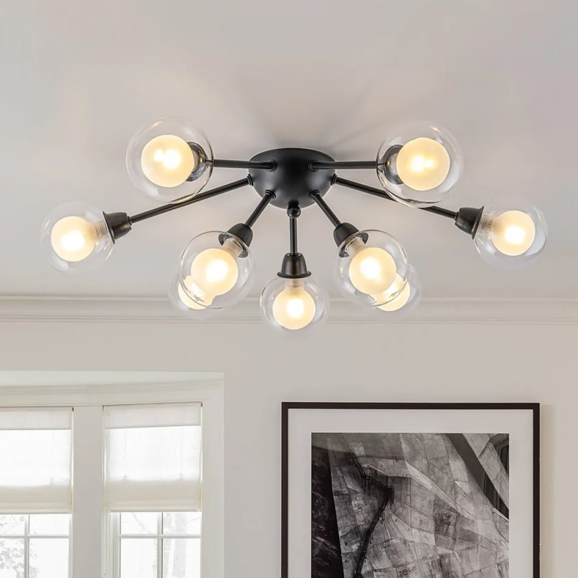 9-Light Layered Glass Bubble Sputnik Semi Flush Chandelier