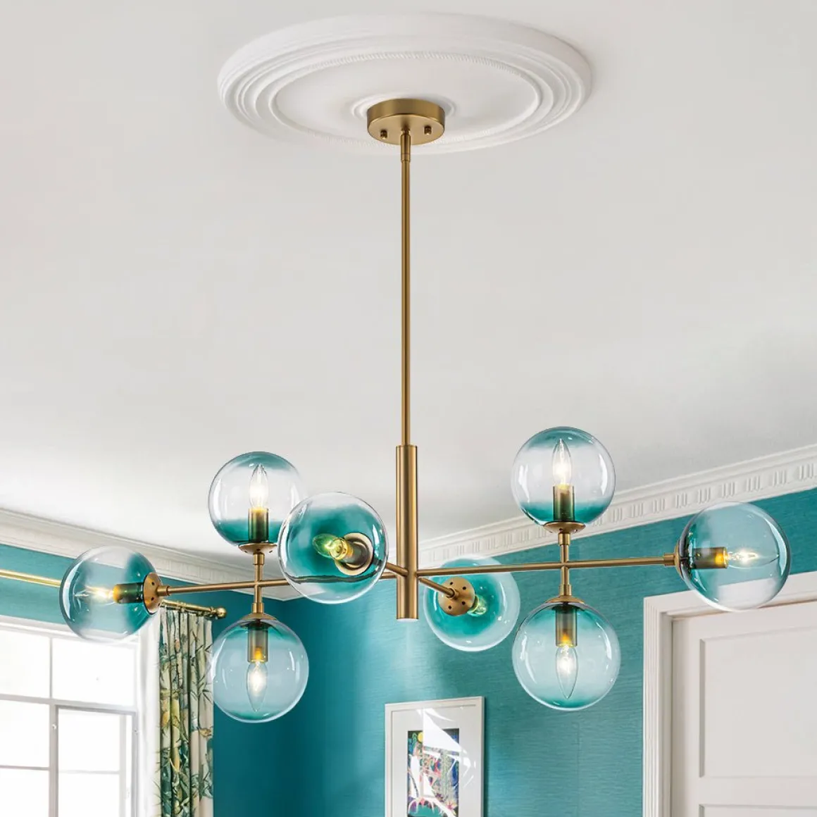 8-Light Linear Sputnik Tinted Blue Glass Bubble Chandelier