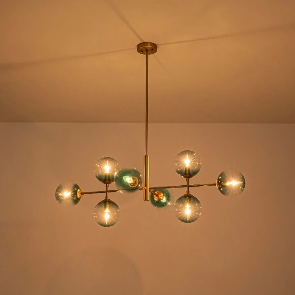 8-Light Linear Sputnik Tinted Blue Glass Bubble Chandelier