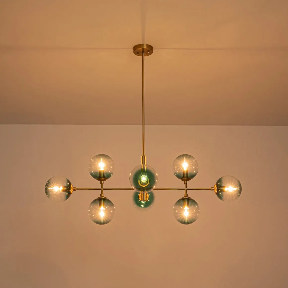 8-Light Linear Sputnik Tinted Blue Glass Bubble Chandelier