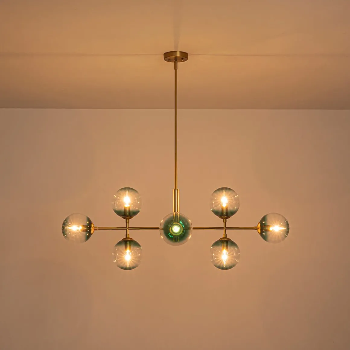 8-Light Linear Sputnik Tinted Blue Glass Bubble Chandelier