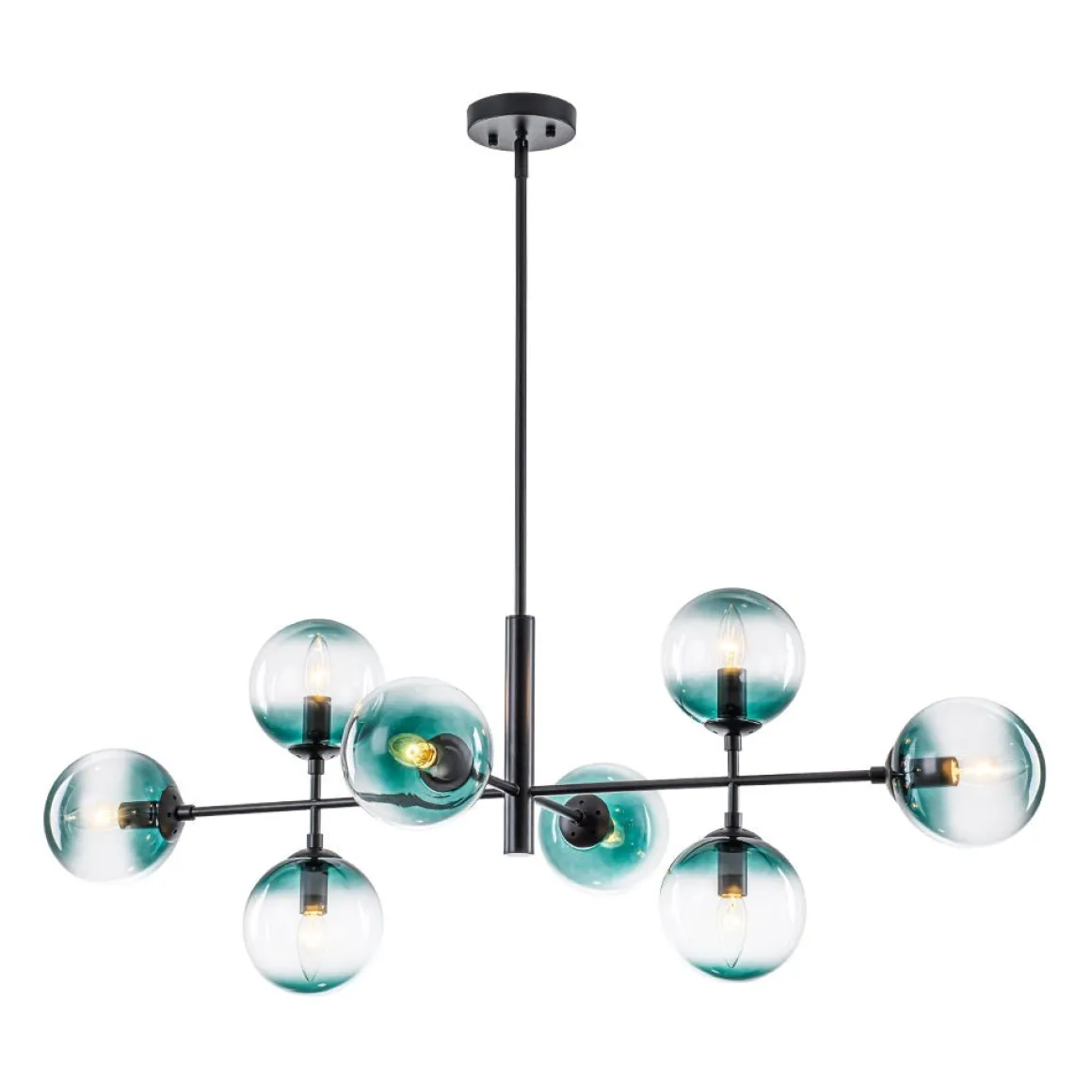8-Light Linear Sputnik Tinted Blue Glass Bubble Chandelier