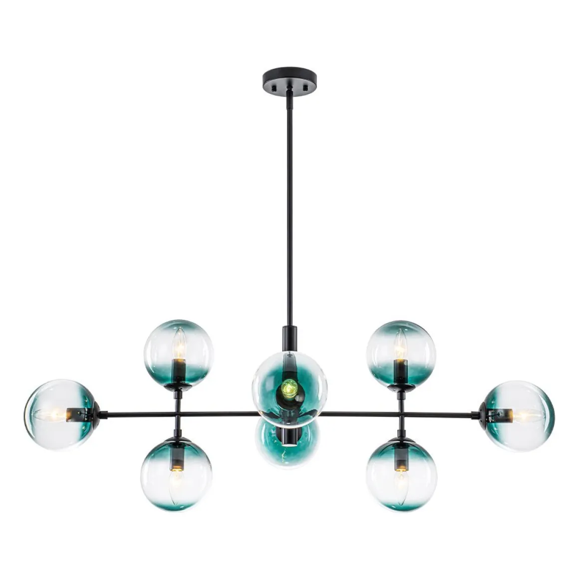 8-Light Linear Sputnik Tinted Blue Glass Bubble Chandelier