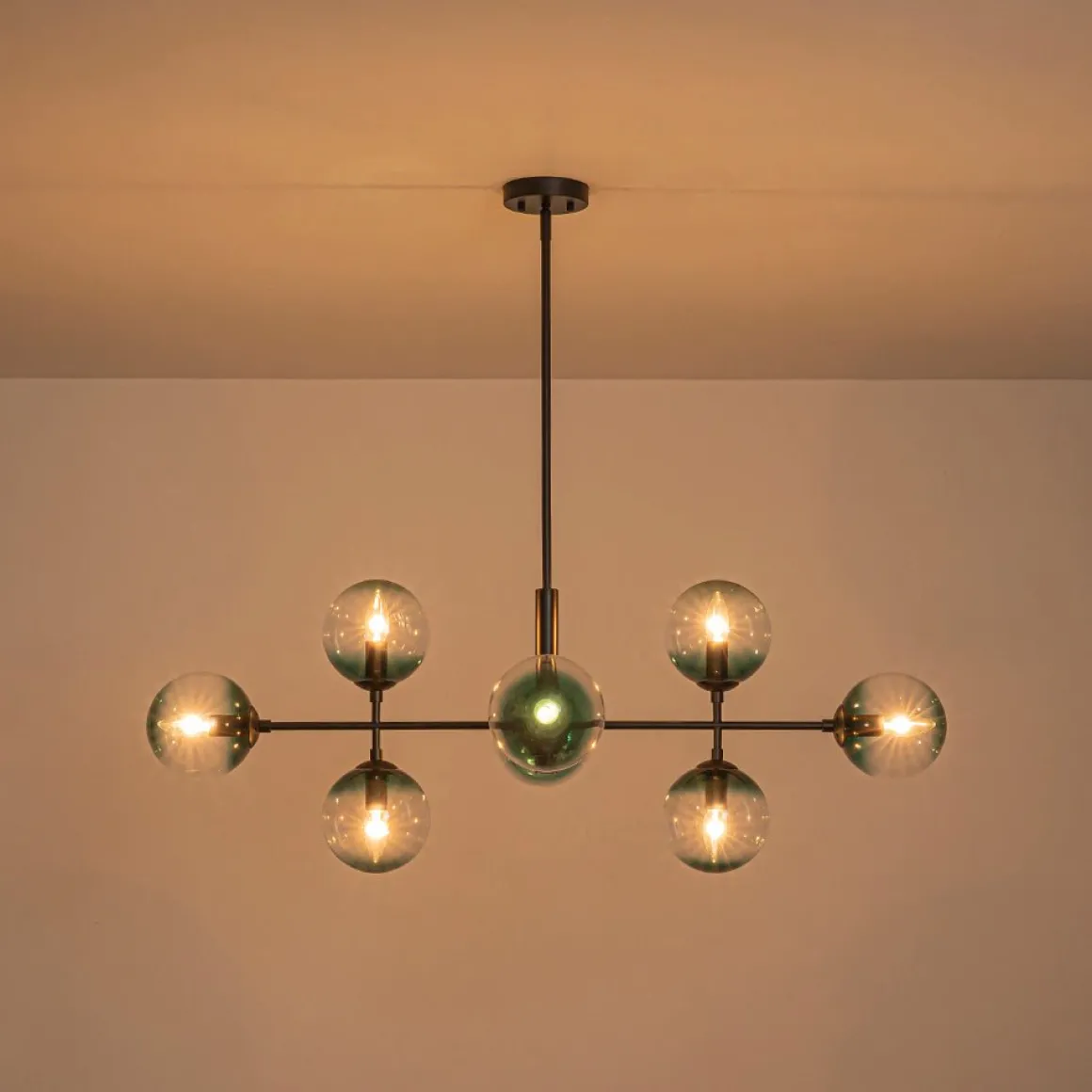 8-Light Linear Sputnik Tinted Blue Glass Bubble Chandelier