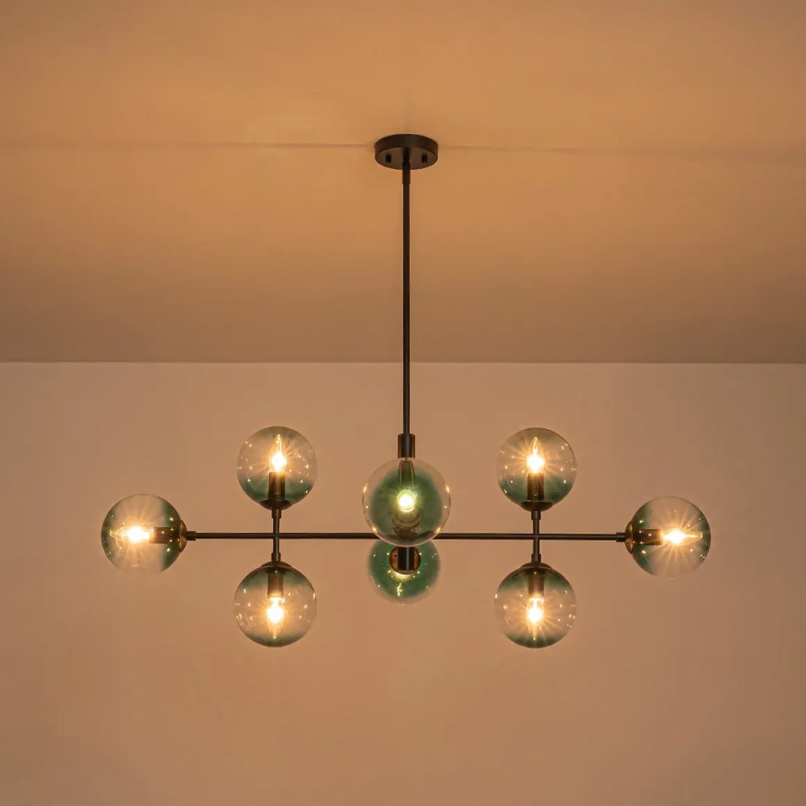 8-Light Linear Sputnik Tinted Blue Glass Bubble Chandelier
