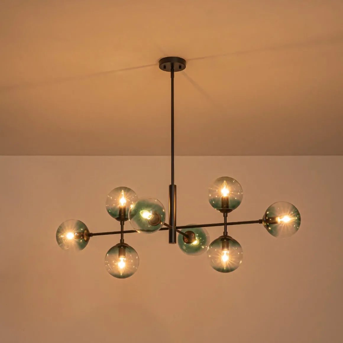 8-Light Linear Sputnik Tinted Blue Glass Bubble Chandelier