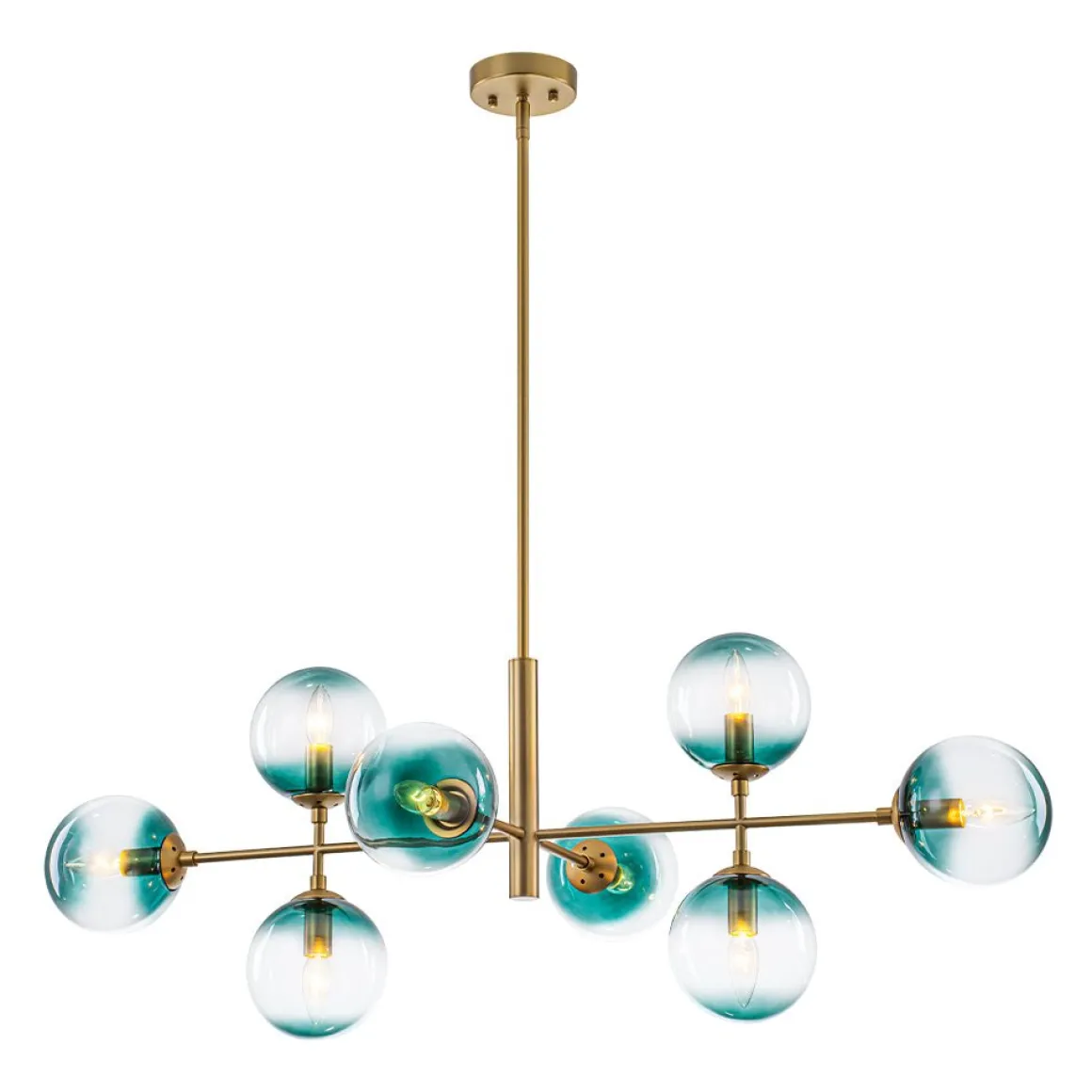 8-Light Linear Sputnik Tinted Blue Glass Bubble Chandelier